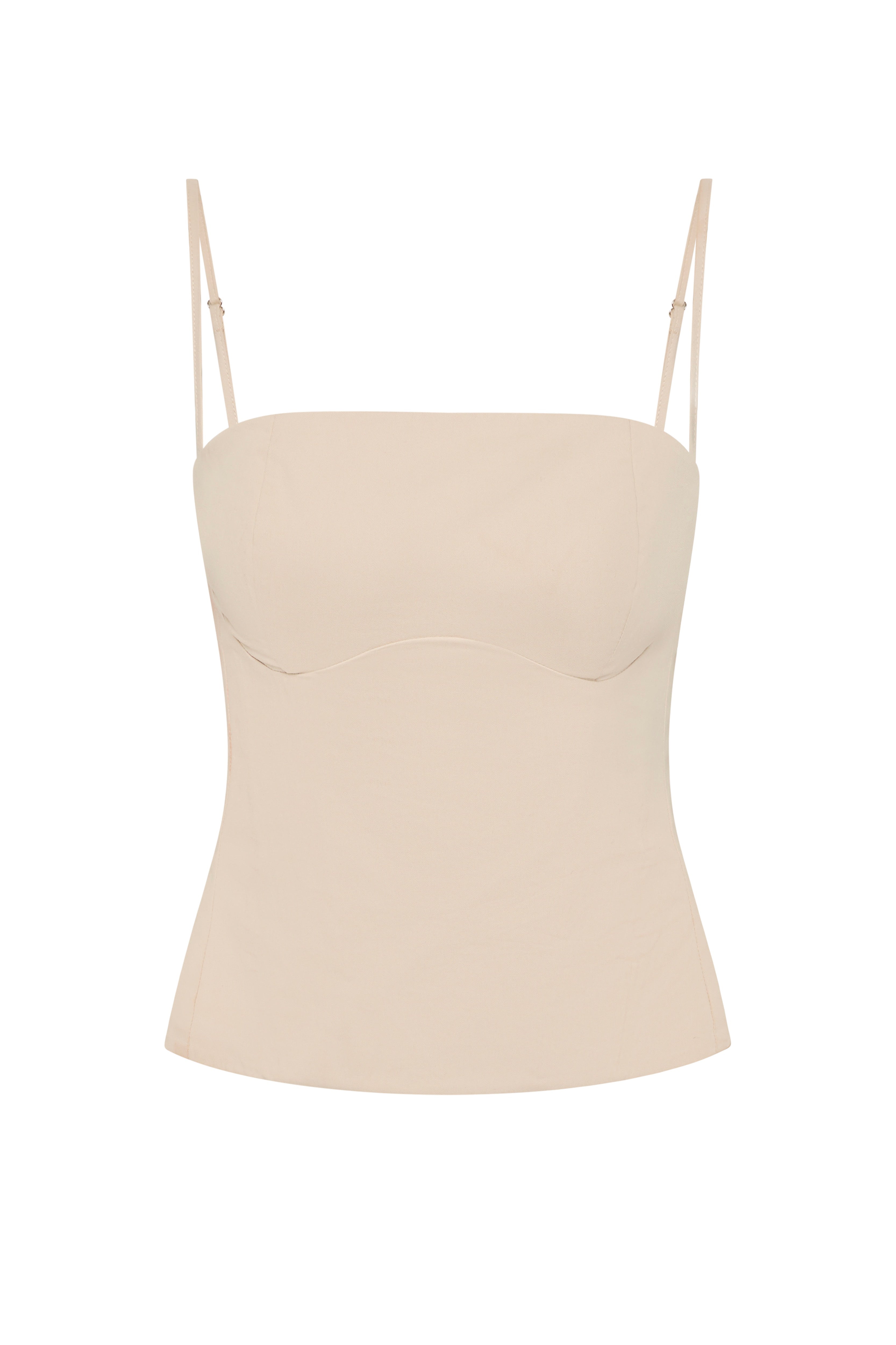 Beige strap top on a white background. Latte Corset. Corset and skirt matching set. Beige Corset. Flattering Corset. Sabelle Corset. Edie Corset.